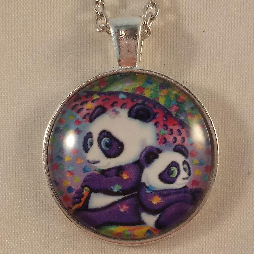 Silver Lisa Frank Pandas Cabochon Pendant Chain Necklace 20